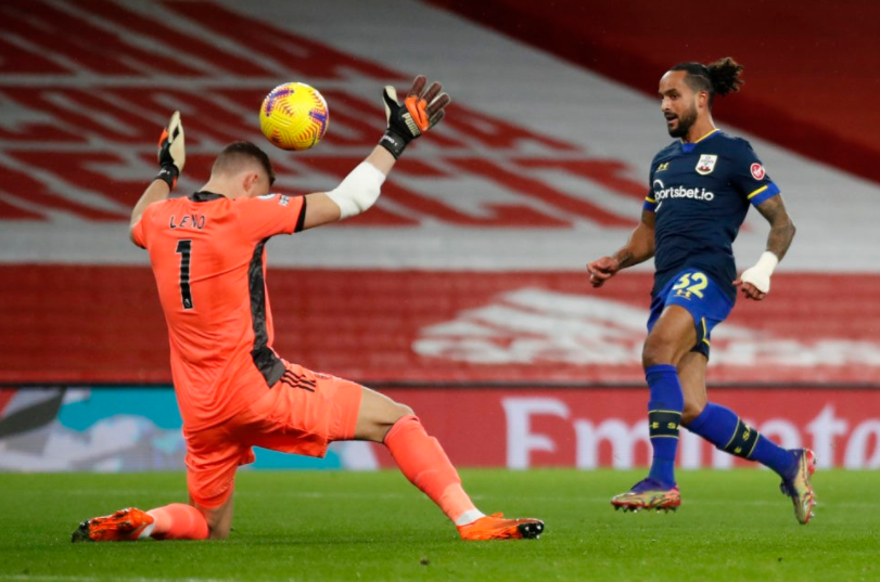 Theo Walcott scoring the goal against goalkeeper