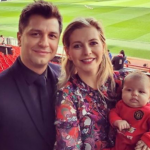 Rachel Riley with her husband, Pasha Kovalev and their baby