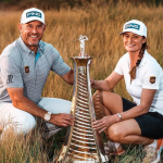 Golfer Lee Westwood and his caddie girlfriend, Helen Storey with trophy