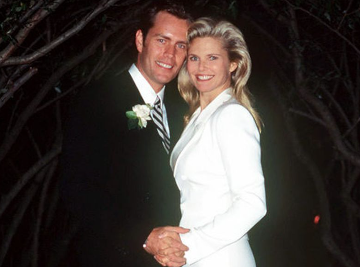 Christie Brinkley and ex-husband, Peter Cook pose on their wedding day