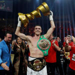 Callum Smith celebrates his stunning win after knocking out George Groves