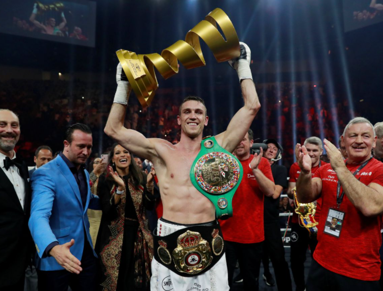 Callum Smith celebrates his stunning win after knocking out George Groves