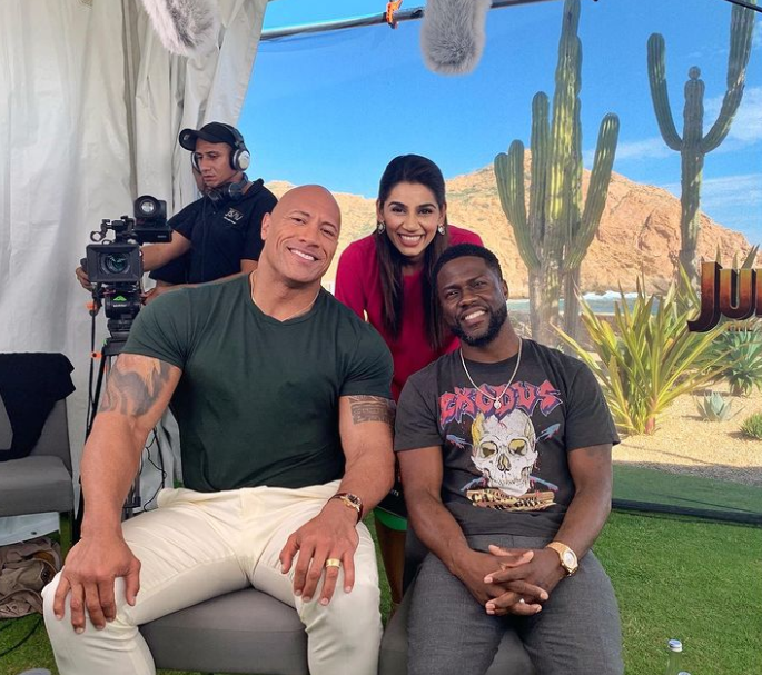 TV Presenter, Sanjana Ganesan with Dwayne Johnson (The Rock) and Kevin Hart