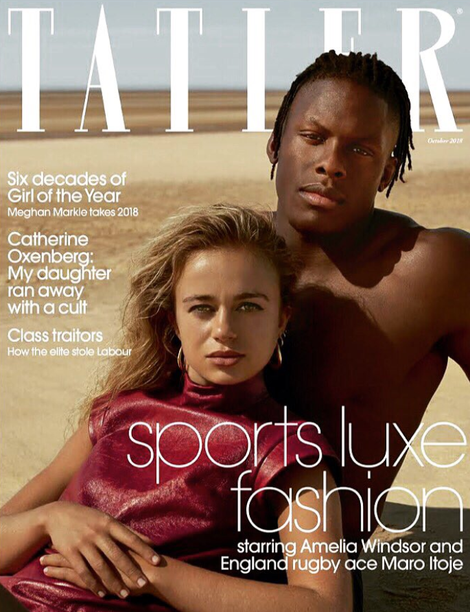 Maro Itoje and his rumored girlfriend, Amelia Windsor in a sports luxe-themed Tatler Shoot