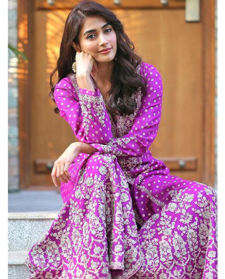 Indian Film Actress and Model, Pooja Hegde in Purple Dress