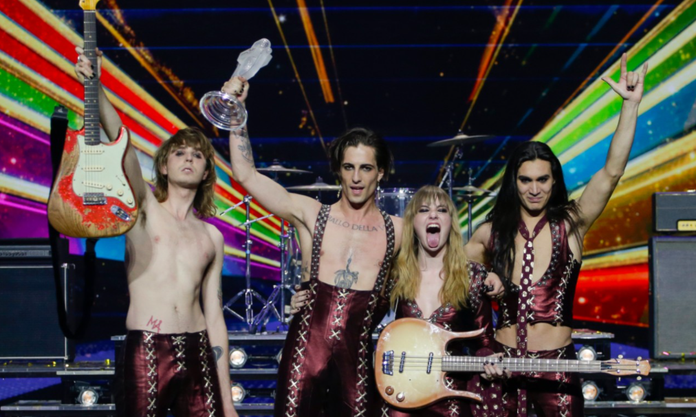 Members of the band 'Maneskin' with the trophy after winning the Grand Final of the Eurovision Song Contest at Ahoy arena in Rotterdam