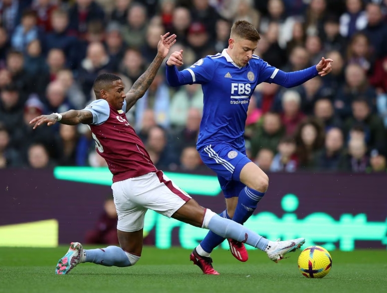 Harvey Barnes Heading The Ball Against The Opponent